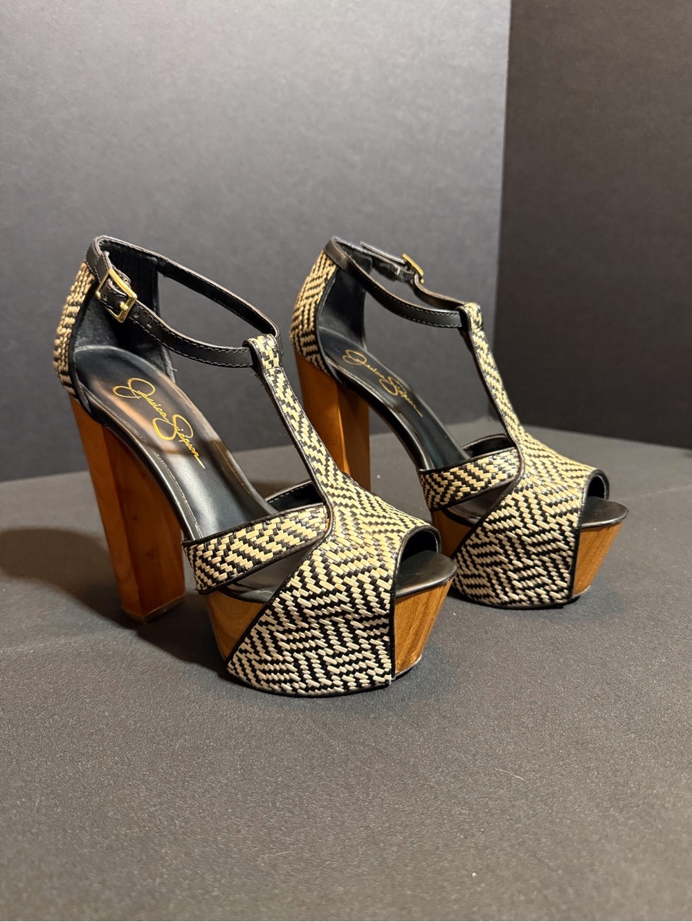 Jessica Simpson JP-Dolee Woven T-Strap Platform Heels Black Natural Size 6.5